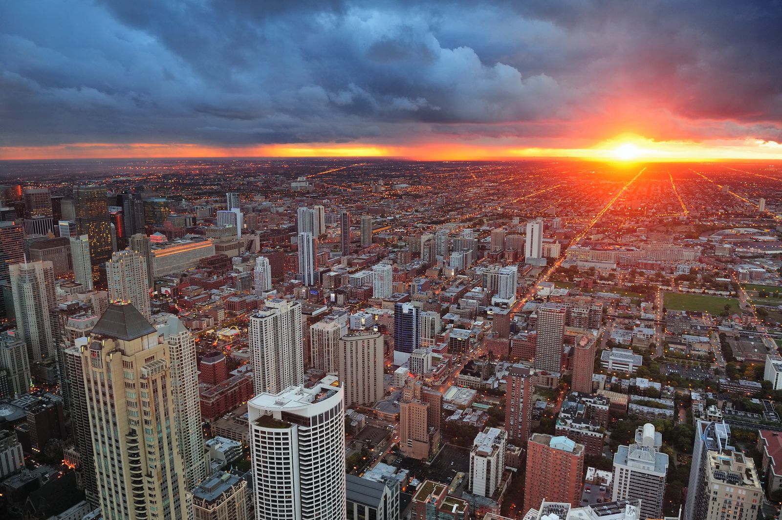Storm clouds breaking over the Chicago skyline at sunrise
